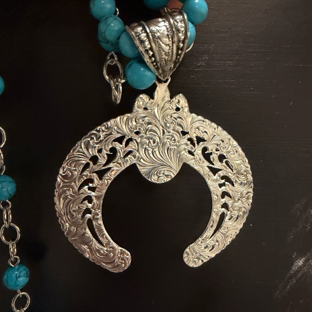 Montana Silversmiths Turquoise Bead Necklace Silver squash blossom earrings - Picture 7 of 8